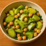 Leek and chickpea salad with fresh parsley served in a ceramic bowl. This is a showcase of one of Easy and Delicious Leek Recipes