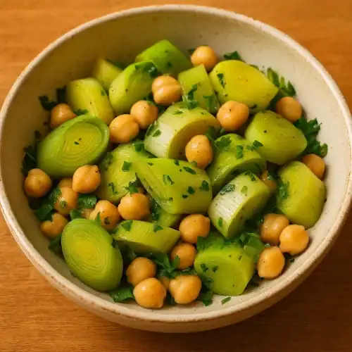 Leek and chickpea salad with fresh parsley served in a ceramic bowl. This is a showcase of one of Easy and Delicious Leek Recipes