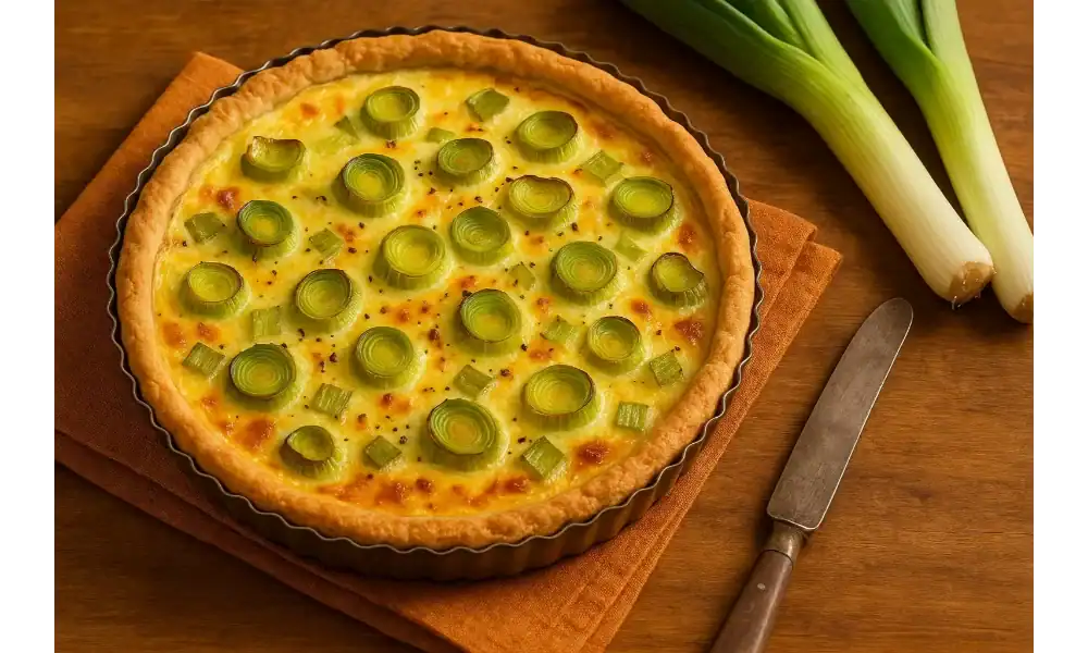 Freshly baked leek quiche with whole leeks and a knife on a wooden table