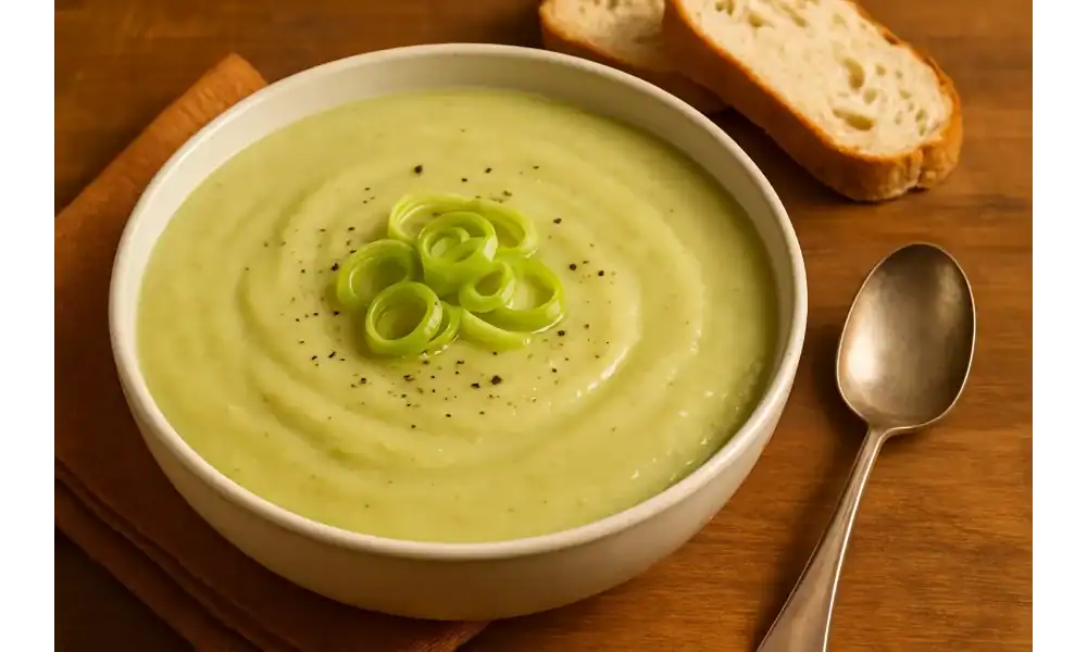 Creamy leek soup topped with sliced leeks, served with bread and a spoon on a wooden table
