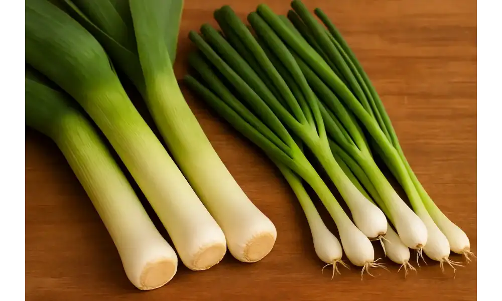 Fresh leeks and green onions side by side on a wooden surface