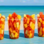 Four Mexican fruit cups filled with watermelon, mango, and jicama, topped with chili powder and chamoy, set on a beachside table with ocean in the background.