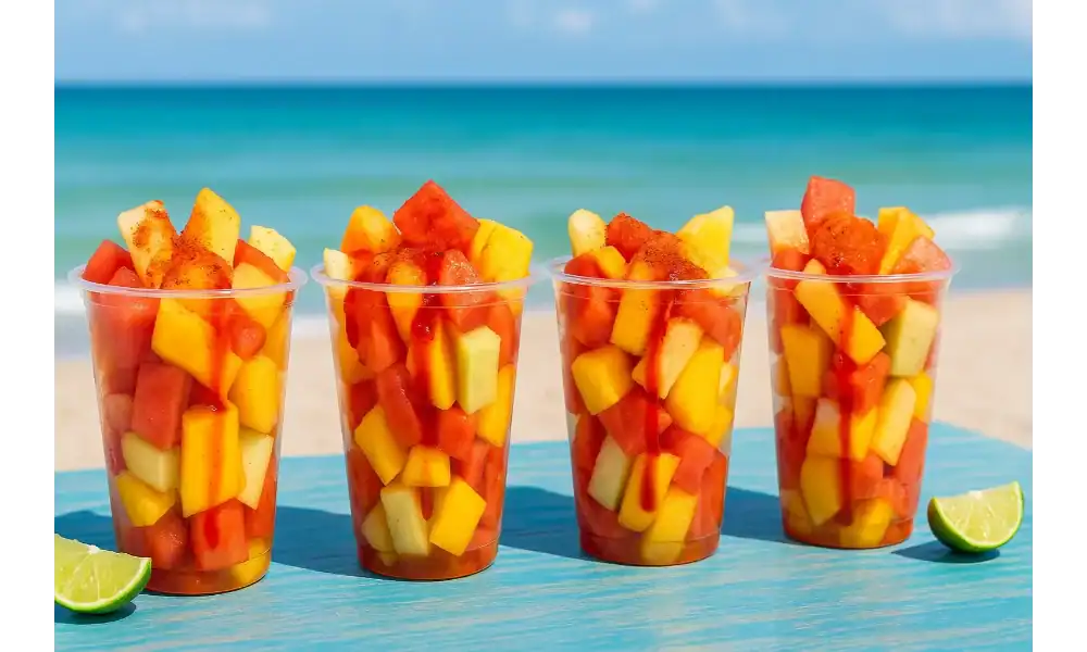 Four Mexican fruit cups filled with watermelon, mango, and jicama, topped with chili powder and chamoy, set on a beachside table with ocean in the background.