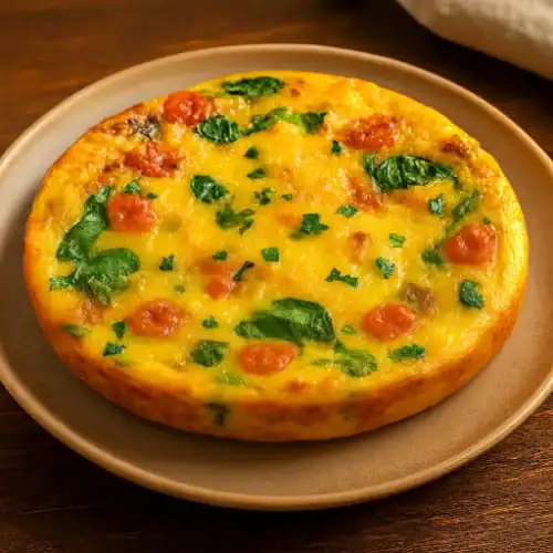 Golden vegetable frittata with spinach and tomatoes on a beige plate