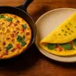 Frittata in a skillet and folded omelet on a plate, both served on a wooden table
