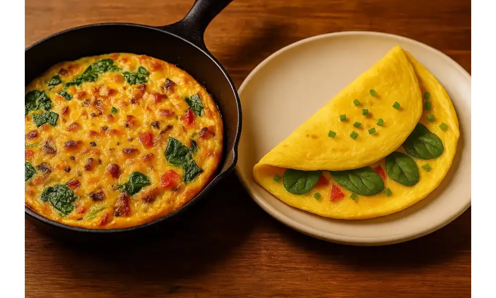 Frittata in a skillet and folded omelet on a plate, both served on a wooden table