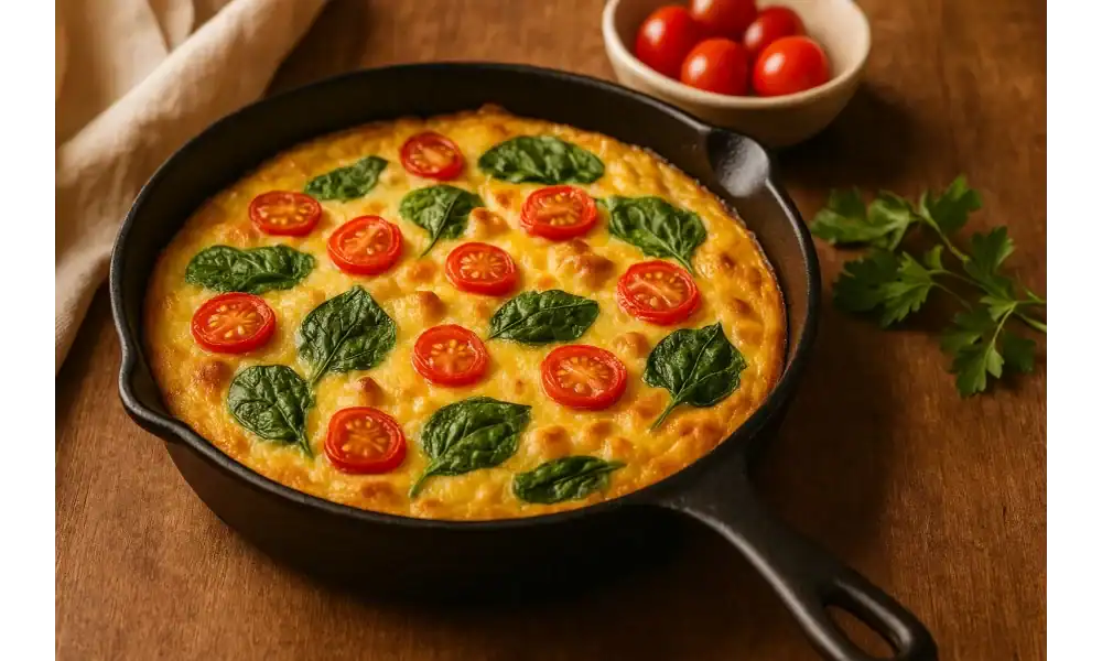 Baked vegetable frittata in a black cast iron skillet with spinach and cherry tomatoes