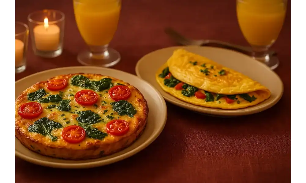 Frittata and omelet served on plates with orange juice and candles on a romantic table setting