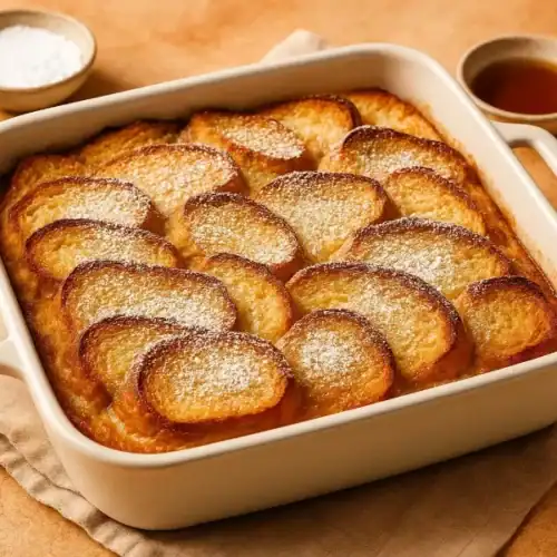 Freshly baked overnight pain perdu in a white baking dish, topped with powdered sugar and surrounded by syrup and strawberries