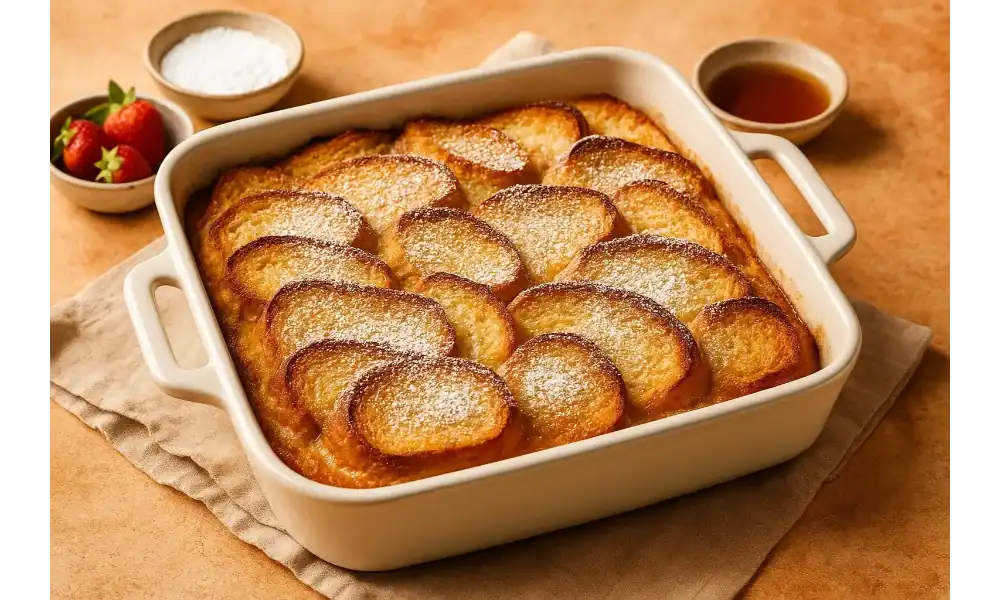 Freshly baked overnight pain perdu in a white baking dish, topped with powdered sugar and surrounded by syrup and strawberries