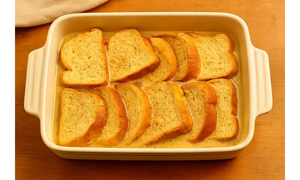 Unbaked pain perdu in a white baking dish with sliced bread soaking in custard on a wooden surface