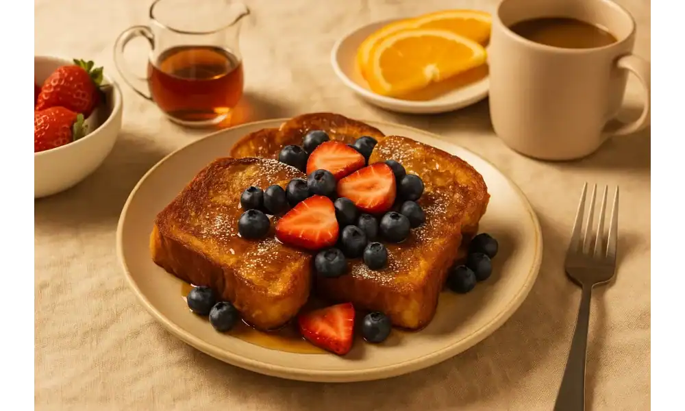 Slices of pain perdu topped with fresh strawberries and blueberries on a plate, served with maple syrup, orange slices, and coffee
