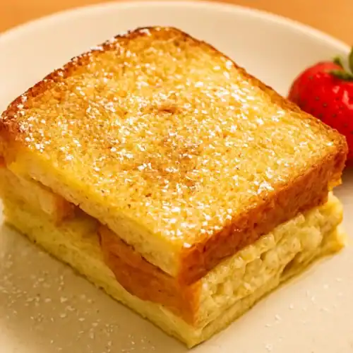 Close-up of a golden slice of pain perdu on a plate, lightly dusted with powdered sugar and served with a fresh strawberry