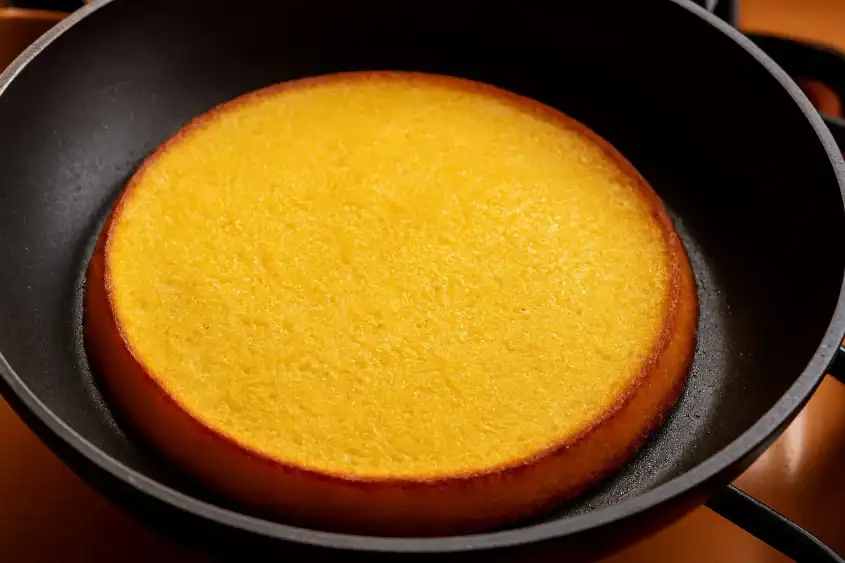 Golden polenta cake cooking in a non-stick skillet