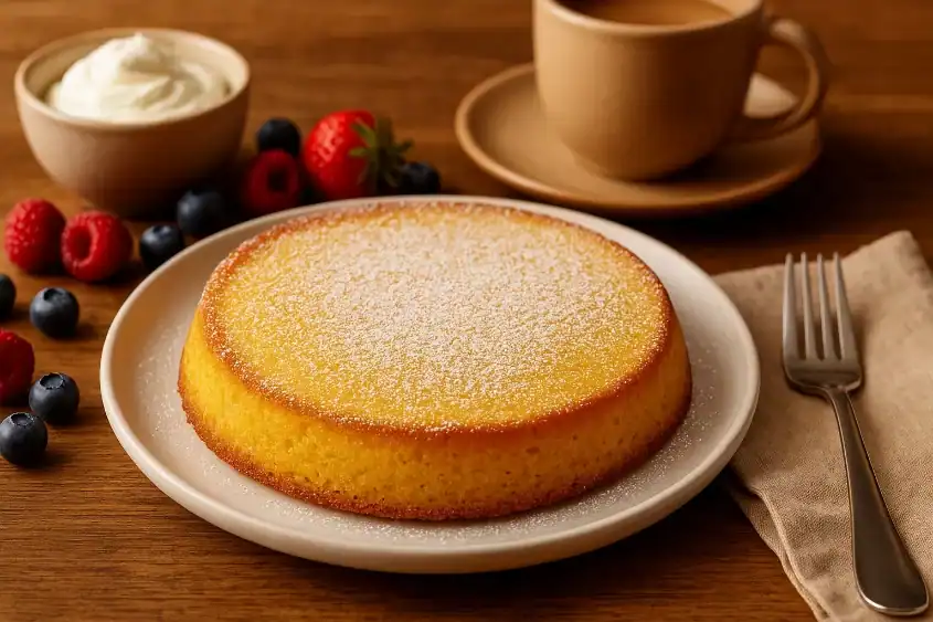 Polenta cake served with fresh berries, whipped cream, and coffee