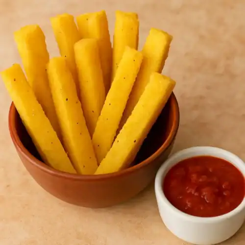 A bowl of golden crispy baked polenta fries served with a side of marinara sauce on a warm-toned surface.