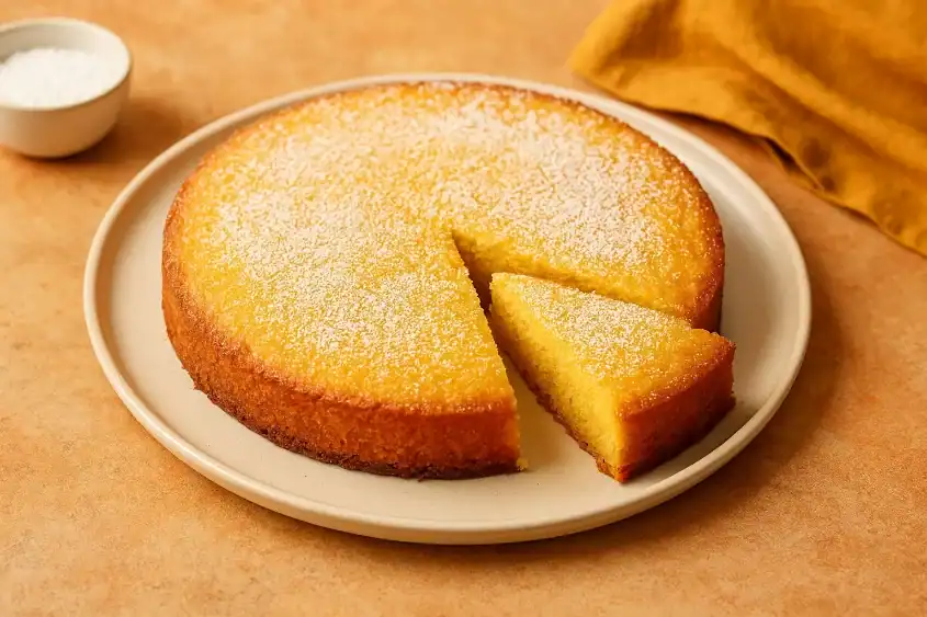 Golden polenta cake sliced and dusted with powdered sugar on a plate