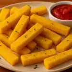 Crispy baked polenta fries served on a plate with marinara dipping sauce.