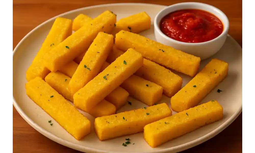 Crispy baked polenta fries served on a plate with marinara dipping sauce.