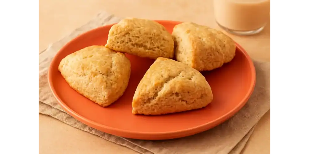 Golden-brown vegan scones served on a coral plate with a glass of oat milk in the background
