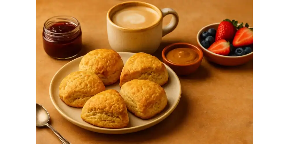 Vegan scones on a breakfast plate with jam, almond butter, fresh berries, and a latte