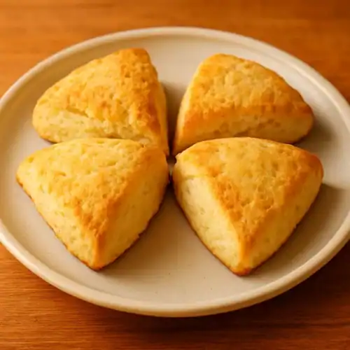 Four golden plant-based scones arranged neatly on a ceramic plate over a wooden surface