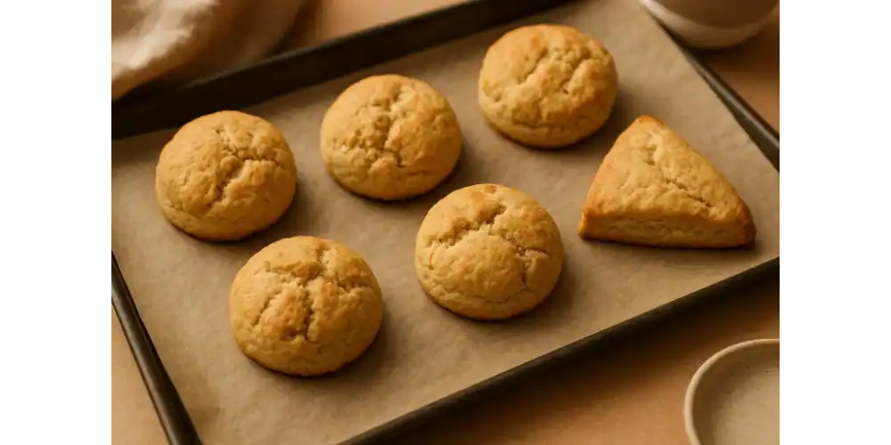 Freshly baked vegan scones on parchment paper inside a baking tray