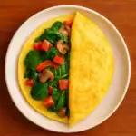 Veggie omelette filled with spinach, tomatoes, and mushrooms on a plate