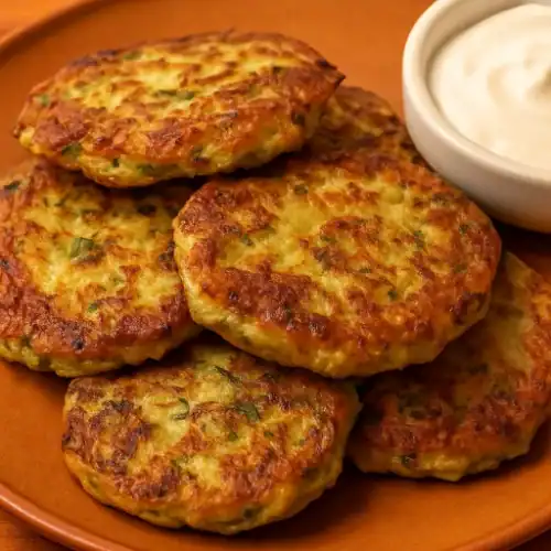 Close-up of crispy zucchini fritters stacked on a plate with creamy dipping sauce