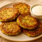 Golden zucchini fritters served on a plate with a side of creamy dipping sauce