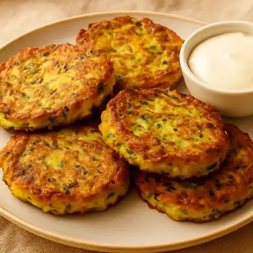 Golden zucchini fritters served on a plate with a side of creamy dipping sauce
