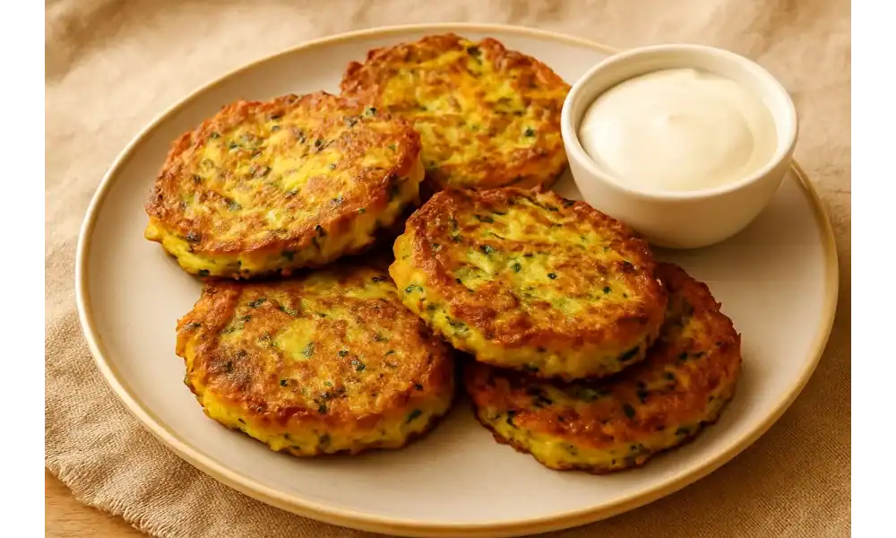 Golden zucchini fritters served on a plate with a side of creamy dipping sauce