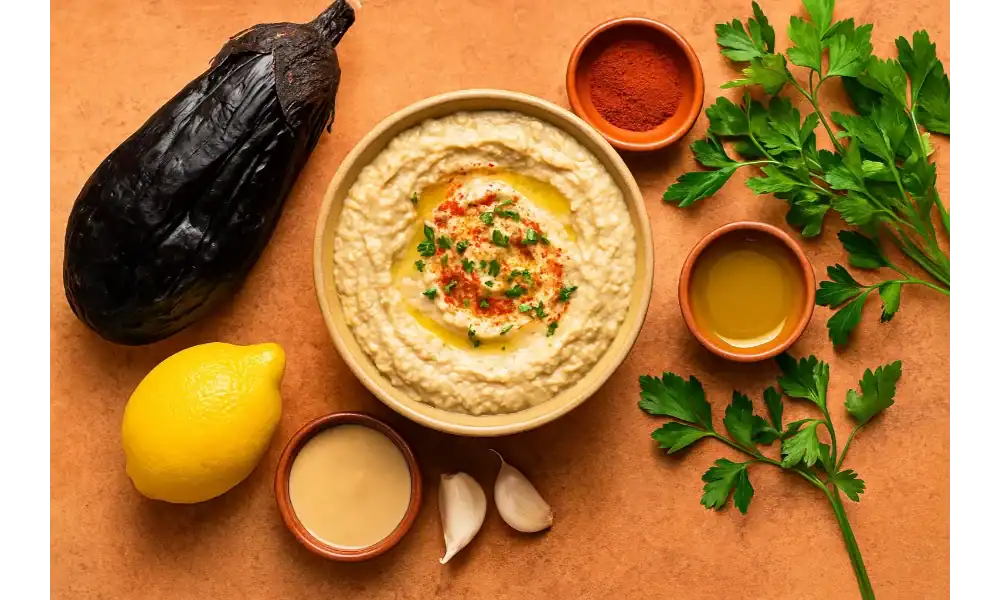 Bowl of creamy Babaganoush topped with olive oil and paprika, surrounded by roasted eggplant, lemon, tahini, garlic, olive oil, paprika, and fresh parsley on a warm brown background.