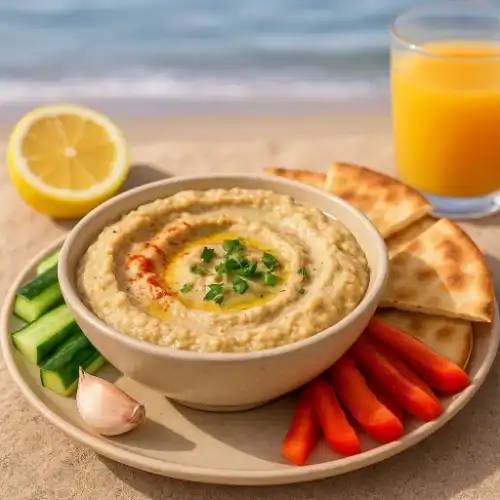 Bowl of creamy Babaganoush topped with olive oil, paprika, and parsley, served with pita bread, cucumber sticks, red pepper slices, lemon, and a glass of orange juice on a sandy beach background.