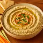 Bowl of creamy Babaganoush topped with olive oil, paprika, and parsley, served with pita bread wedges, carrot sticks, and cucumber sticks on a wooden plate.