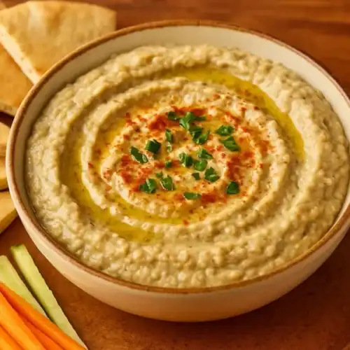 Bowl of creamy Babaganoush topped with olive oil, paprika, and parsley, served with pita bread wedges, carrot sticks, and cucumber sticks on a wooden plate.