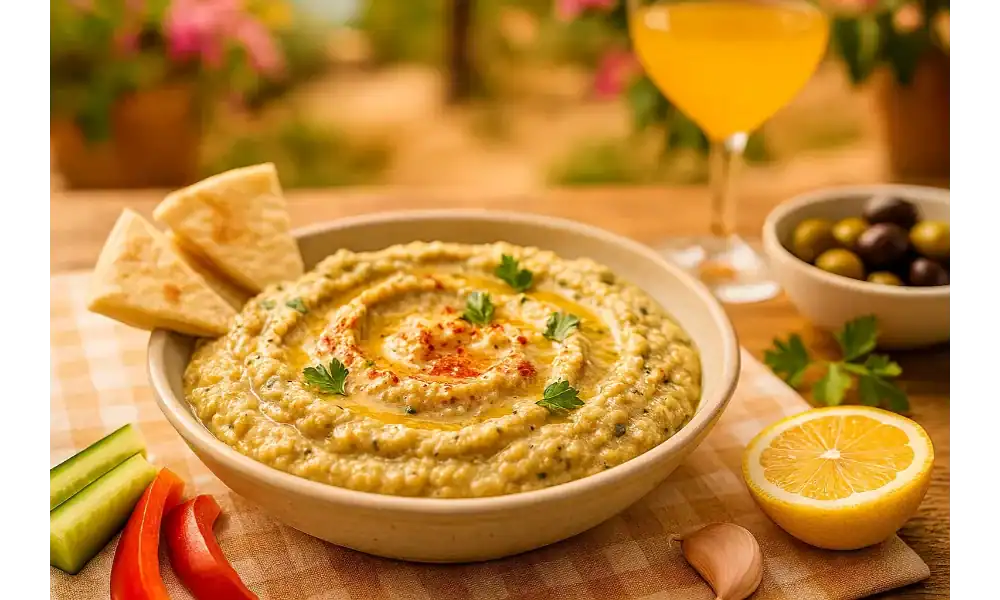 Bowl of Babaganoush topped with olive oil, paprika, and parsley, served with pita bread, cucumber sticks, red pepper slices, lemon, garlic, and a glass of orange juice in a sunny outdoor setting.