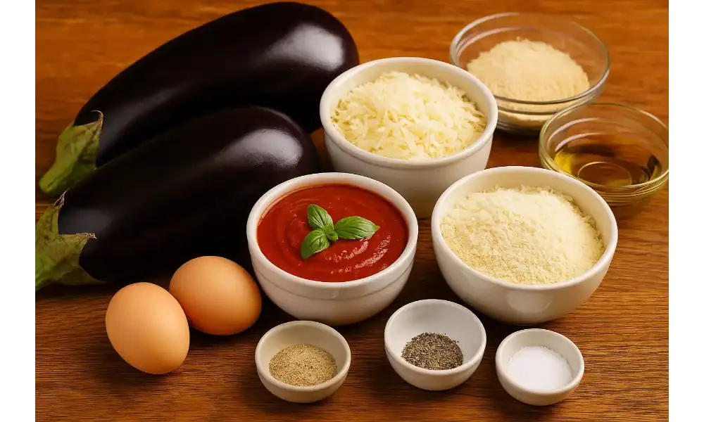 Fresh ingredients for baked eggplant Parmesan, including eggplants, marinara sauce, cheeses, breadcrumbs, eggs, olive oil, and spices on a wooden surface.