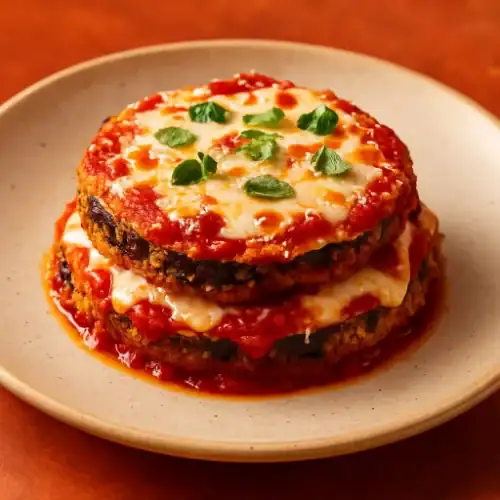 Stack of baked eggplant Parmesan with marinara sauce, melted cheese, and fresh basil on a beige plate.