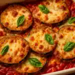 Baked eggplant Parmesan in a white baking dish with marinara sauce, melted cheese, and fresh basil leaves.