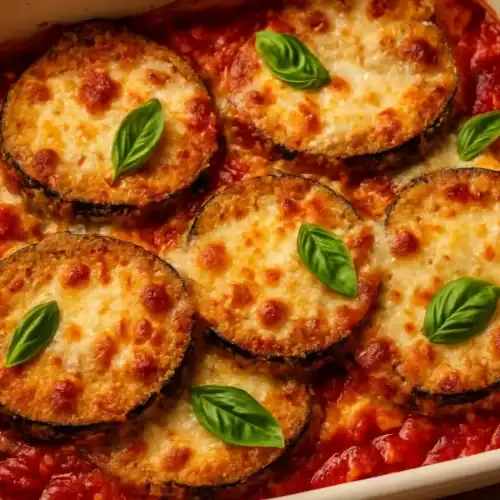 Baked eggplant Parmesan in a white baking dish with marinara sauce, melted cheese, and fresh basil leaves.