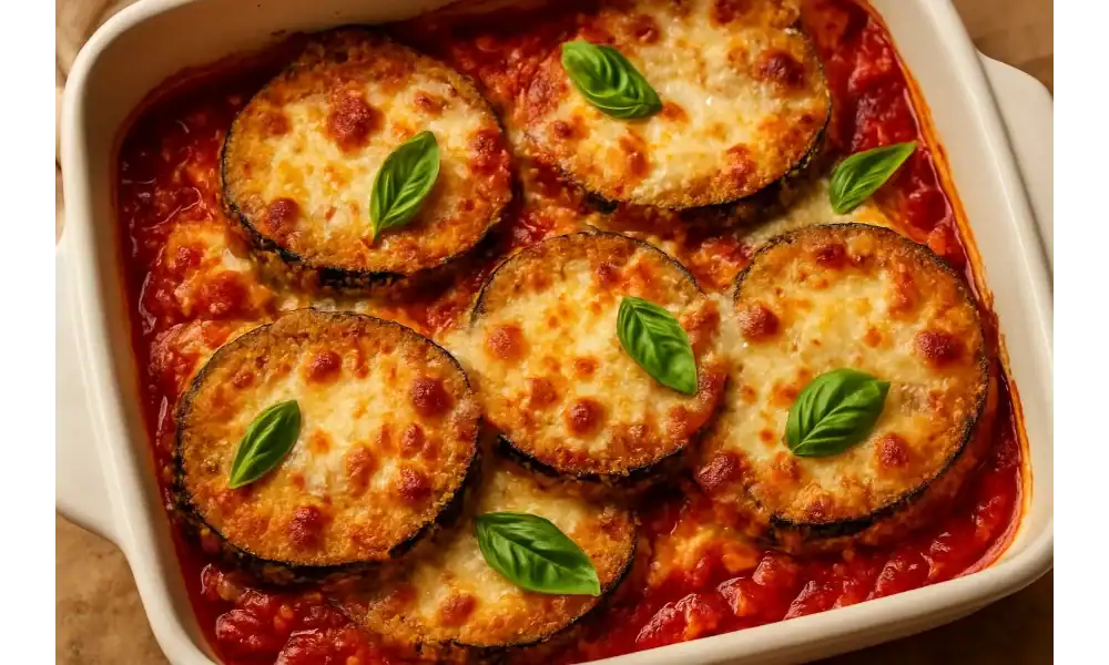 Baked eggplant Parmesan in a white baking dish with marinara sauce, melted cheese, and fresh basil leaves.