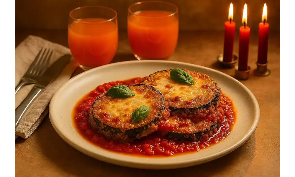 Plate of baked eggplant Parmesan with marinara sauce, fresh basil, orange juice, and candles for a romantic dinner setting.