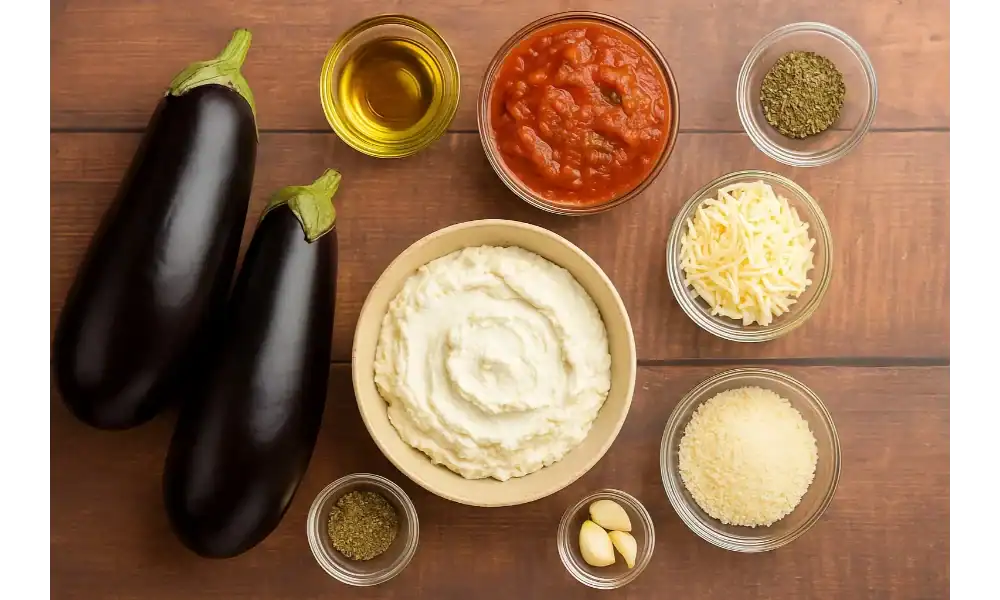 Fresh ingredients for eggplant lasagna including eggplants, tomato sauce, ricotta, mozzarella, parmesan, olive oil, garlic, and herbs on a wooden table.