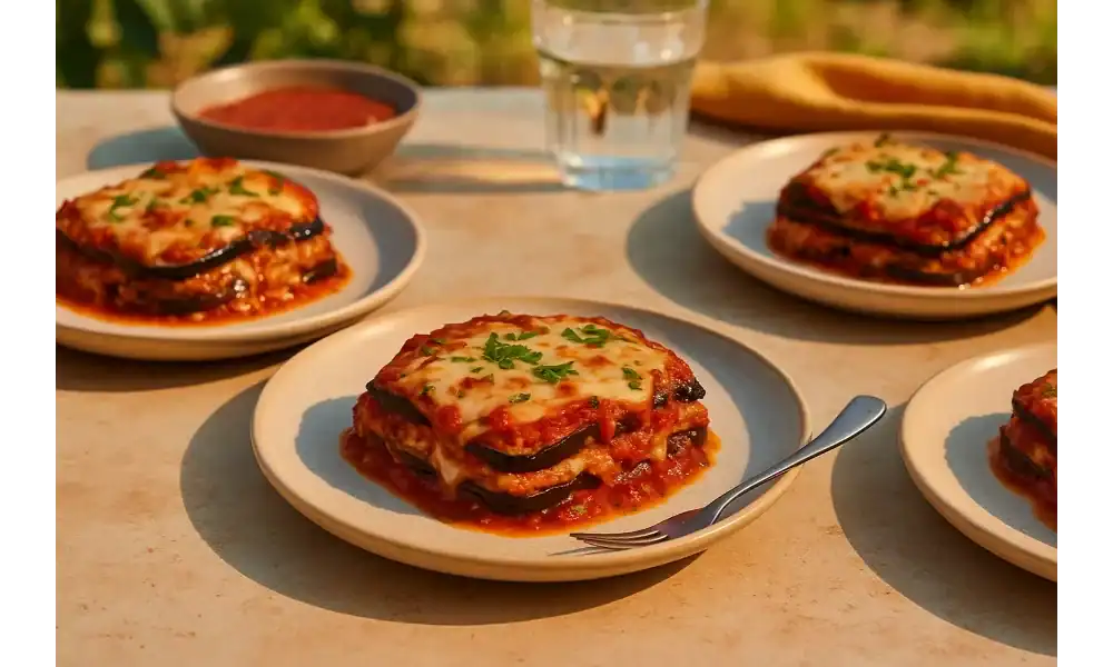 Plates of homemade eggplant lasagna with melted cheese and tomato sauce served outdoors in warm natural light.