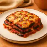 Close-up of homemade eggplant lasagna layered with roasted eggplant, marinara sauce, and melted cheese on a white plate.