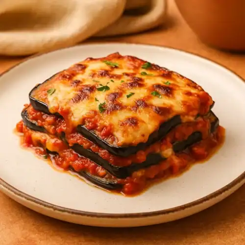 Close-up of homemade eggplant lasagna layered with roasted eggplant, marinara sauce, and melted cheese on a white plate.