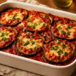 Baked eggplant lasagna in a white casserole dish with layers of roasted eggplant, tomato sauce, melted cheese, and fresh basil.