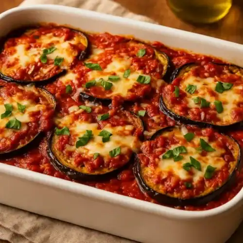 Baked eggplant lasagna in a white casserole dish with layers of roasted eggplant, tomato sauce, melted cheese, and fresh basil.