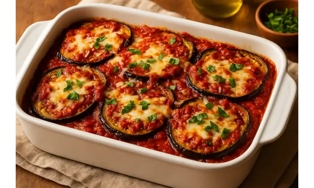 Baked eggplant lasagna in a white casserole dish with layers of roasted eggplant, tomato sauce, melted cheese, and fresh basil.